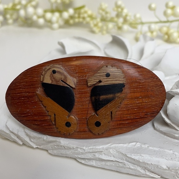 Rare Vintage Wooden Hair Barrette Oval Wooden Disk With Two Sea Horses - Picture 10 of 16